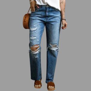 Women's Blue Distressed Raw Hem Straight Leg Denim Jeans Size 16